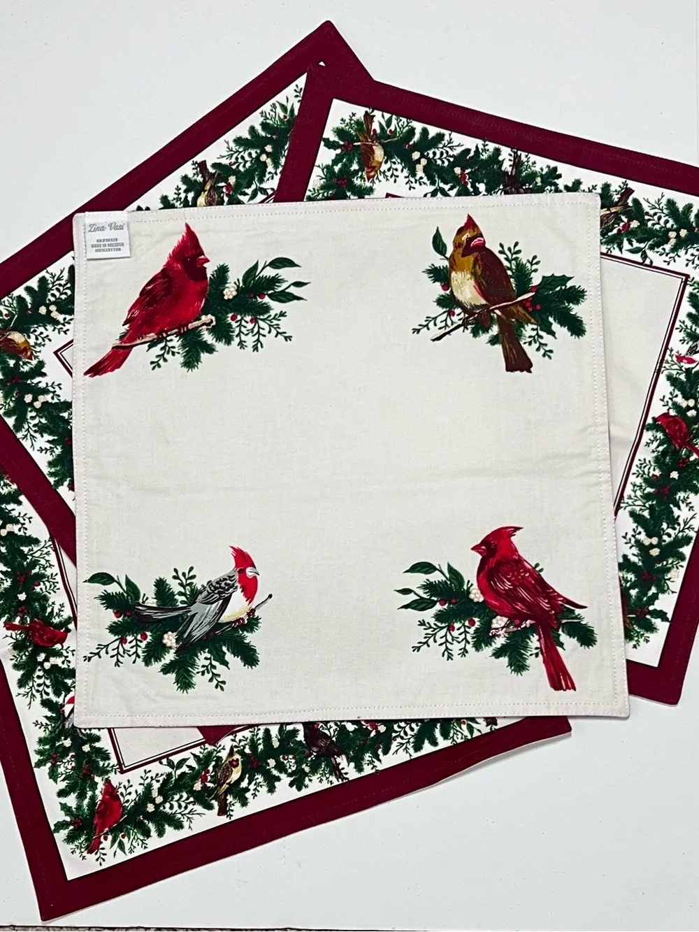 Share Zina Vasi Christmas Placemats Set of 4 Redbirds Holly Reversible Cotton